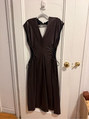 Astr Chocolate Brown Faux-Leather V-Neck Midi Dress with Side Ruching